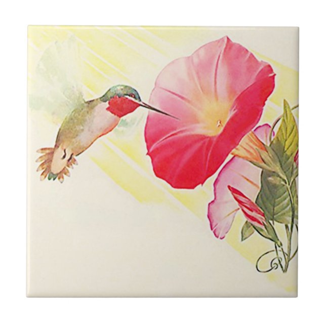 Vintage Ruby Throated Hummingbird Bird Flower Tile (Front)