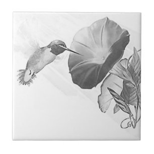 Vintage Ruby Throated Hummingbird in B&W Tile