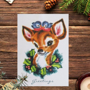 Vintage Rudolph and Blue Birds Greetings Holiday Card