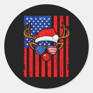 Vintage Rudolph Rednose Santa Hat Us Flag Christma Classic Round Sticker