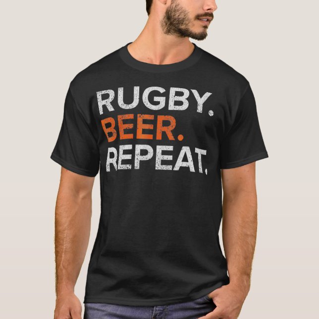 Vintage Rugby Beer Repeat Funny Distressed T-Shirt (Front)