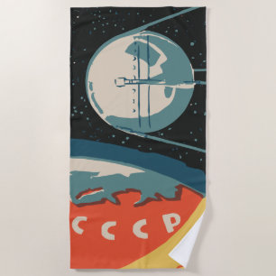 Vintage russian matchbox ads (CCCP rocket launch) Beach Towel