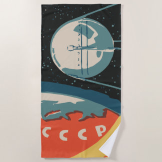 Vintage russian matchbox ads (CCCP rocket launch) Beach Towel