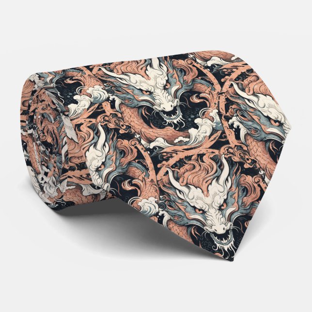 Vintage Rust and Jade Coloured Chinese Dragon Tie (Rolled)