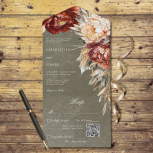 Vintage Rust & Cream Peonies Floral Sage QR Code All In One Invitation