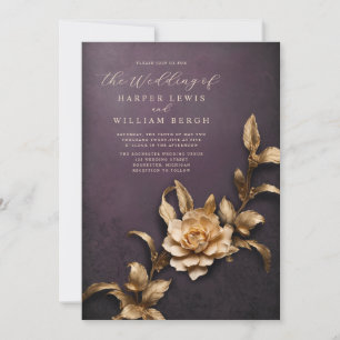 vintage rustic 3d metallic foliage wedding invitation
