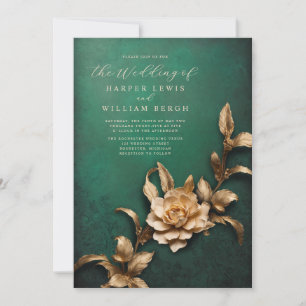 vintage rustic 3d metallic foliage wedding invitation