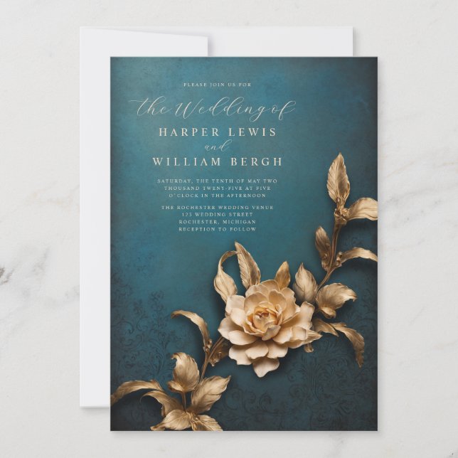 vintage rustic 3d metallic foliage wedding invitation (Front)
