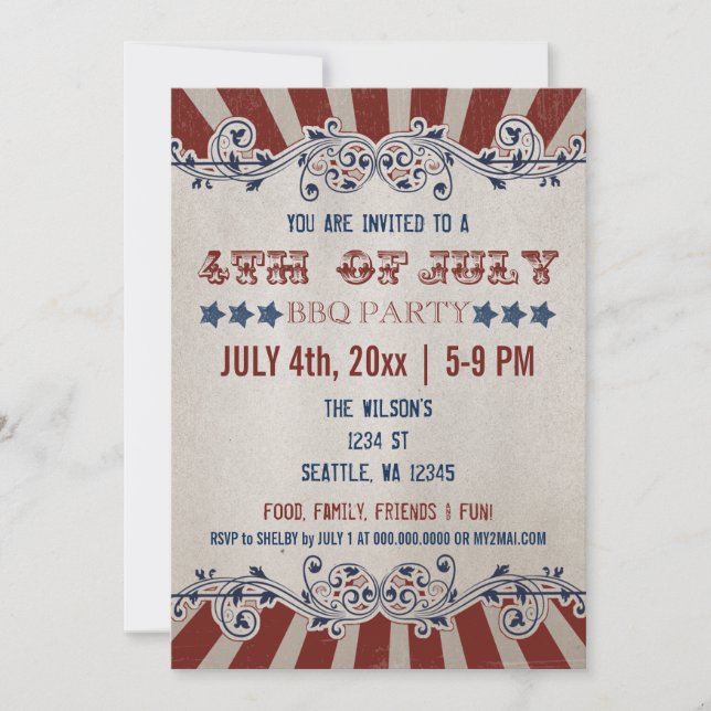 Vintage Rustic 4th of July BBQ Party Invitations (Front)