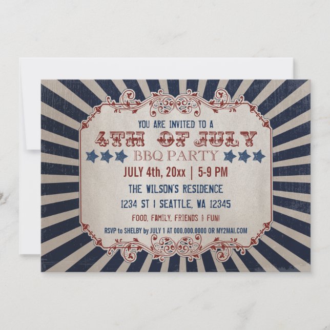 Vintage Rustic 4th of July BBQ Party Invitations (Front)