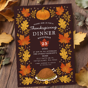 Vintage Rustic Autumn Leaves Thanksgiving Dinner Invitation