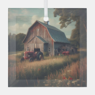 vintage/rustic barn & tractor art glass ornament