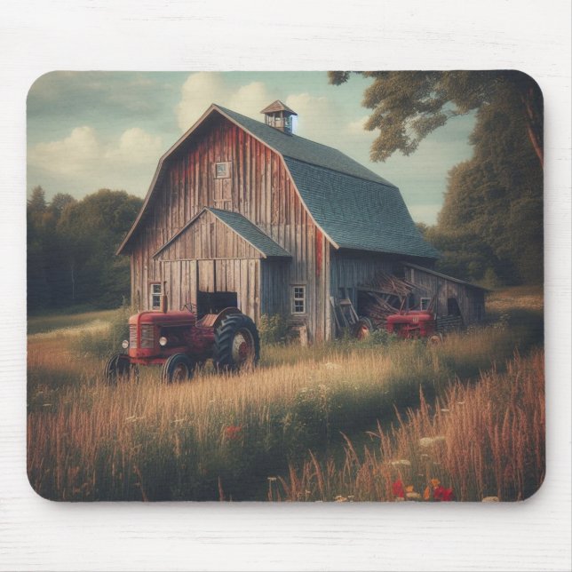 vintage/rustic barn & tractor art mouse pad (Front)