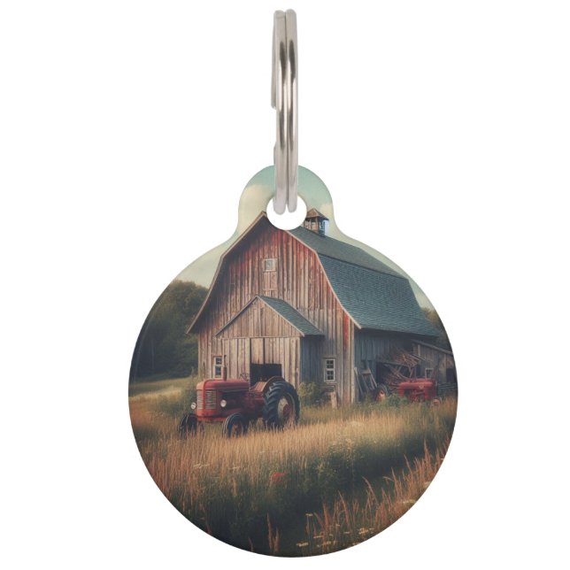 vintage/rustic barn & tractor art pet tag (Front)