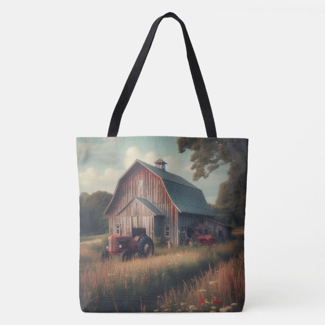 vintage/rustic barn & tractor art tote bag (Front)