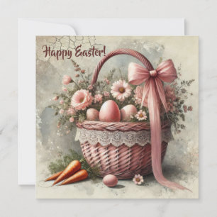 Vintage rustic basket with pastel eggs and carrots holiday card