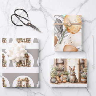 Vintage Rustic Beige Easter Rabbit Family Name Wrapping Paper Sheet