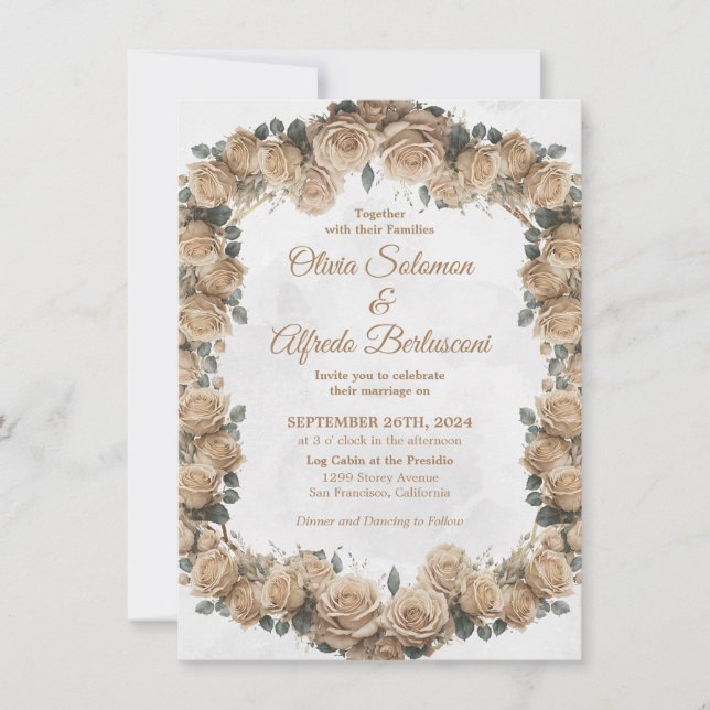 Vintage Rustic Beige Golden Rose Wedding Invitation (Front)