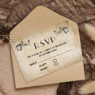 Vintage Rustic Black Flourish Parchment RSVP Card