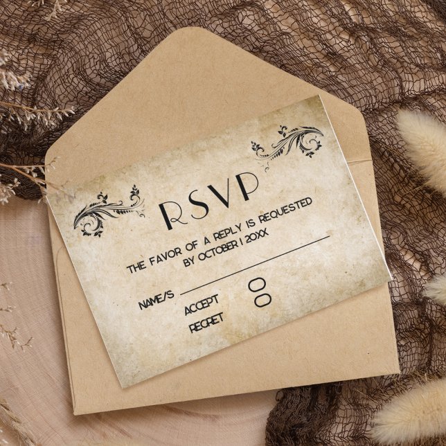 Vintage Rustic Black Flourish Parchment RSVP Card (Creator Uploaded)