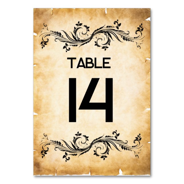 Vintage Rustic Black Flourish Parchment Table Number (Front)