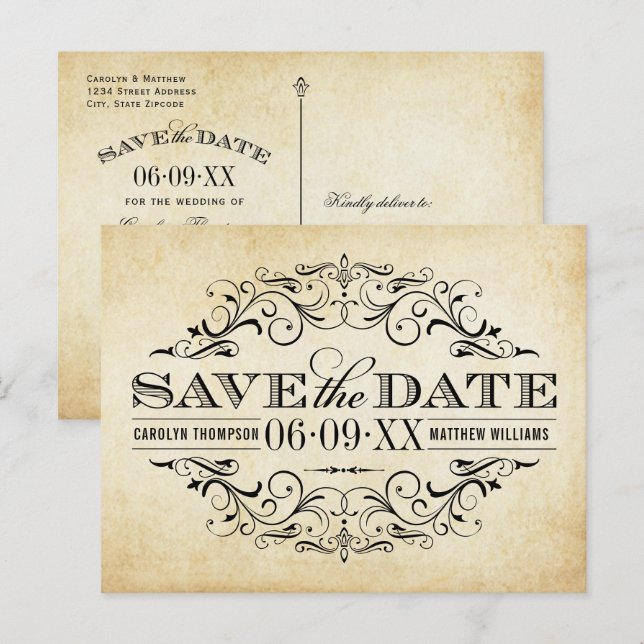 Vintage Rustic Black Flourish Parchment Wedding Announcement Postcard (Front/Back)