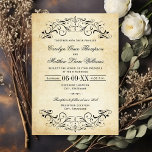 Vintage Rustic Black Flourish Parchment Wedding Invitation<br><div class="desc">Decorative black swirls and flourishes frame this elegant vintage typography wedding invitation design. The rustic ivory background is printed with a textured aged parchment paper appearance.  Personalize the stylish custom text for your wedding ceremony and reception.</div>
