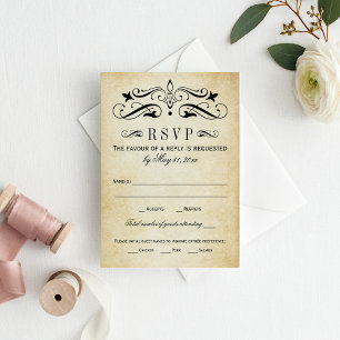 Vintage Rustic Black Flourish Parchment Wedding RSVP Card