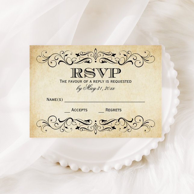 Vintage Rustic Black Flourish Parchment Wedding RSVP Card (Creator Uploaded)