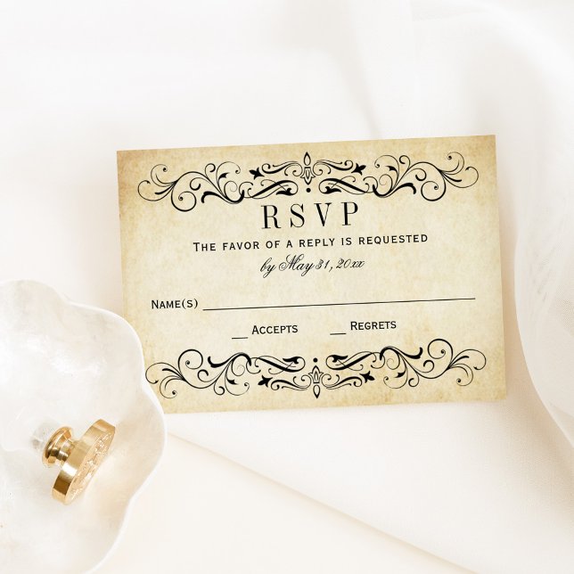 Vintage Rustic Black Flourish Parchment Wedding RSVP Card (Creator Uploaded)