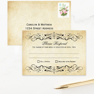 Vintage Rustic Black Flourish Parchment Wedding RSVP Card
