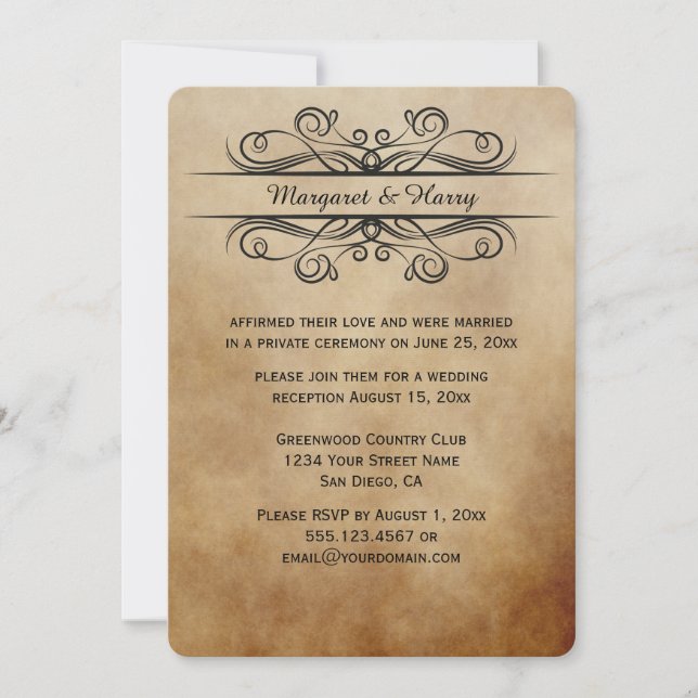 Vintage Rustic Brown Black Scrolls Post Wedding Invitation (Front)