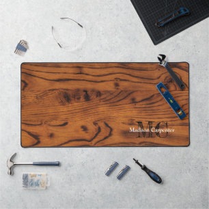 Vintage rustic brown burnt wood Carpenter Monogram Desk Mat