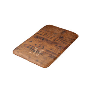 Vintage rustic brown burnt wood Monogram Bath Mat