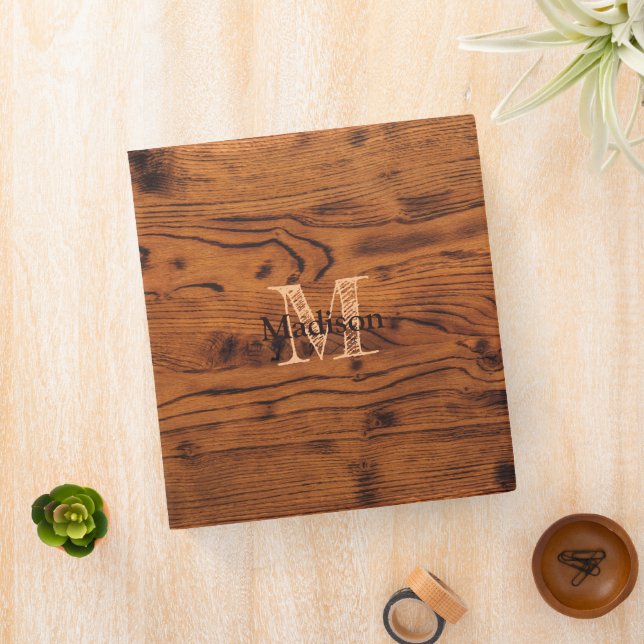 Vintage rustic brown burnt wood Monogram Binder (In Situ)
