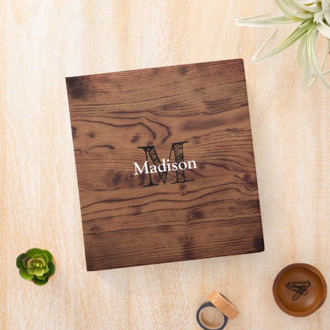 Vintage rustic brown burnt wood Monogram Binder (In Situ)