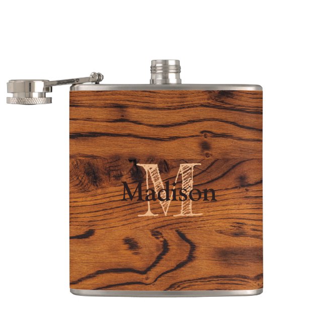 Vintage rustic brown burnt wood Monogram Hip Flask (Opened)