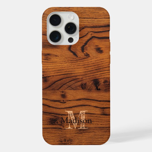 Vintage rustic brown burnt wood Monogram iPhone Case (Back)