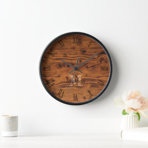 Vintage rustic brown burnt wood Monogram roman num Clock