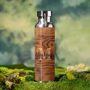 Vintage rustic brown burnt wood Monogram Water Bottle