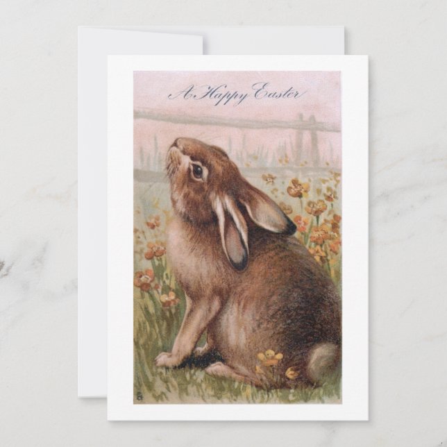 Vintage Rustic Brown Easter Bunny & Wildflowers Holiday Card (Front)