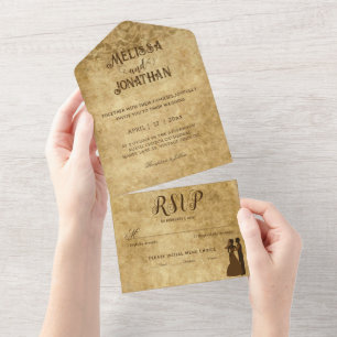 Vintage rustic brown wedding Bride Groom  All In One Invitation