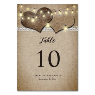 Vintage Rustic Burlap Lace String Lights Wedding Table Number