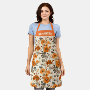Vintage Rustic Burnt Orange Fall Flowers pattern  Apron