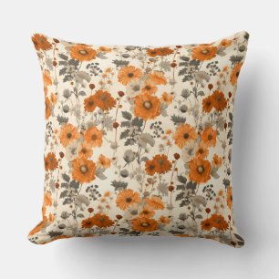 Vintage Rustic Burnt Orange Fall Flowers Pattern Throw Pillow