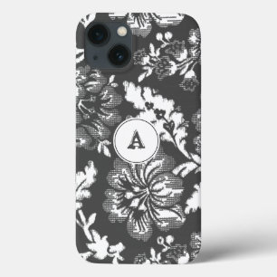 Vintage Rustic Charcoal Grey Floral With Monogram  iPhone 13 Case