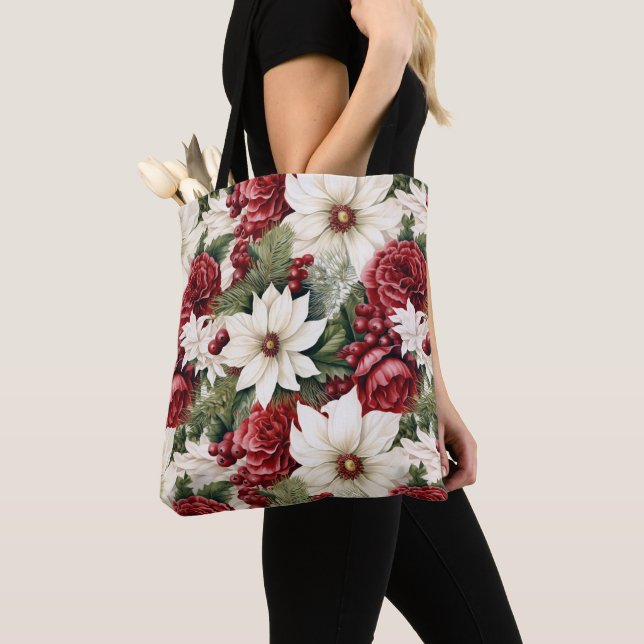 Vintage Rustic Christmas Flowers leaves Pattern Tote Bag (Close Up)
