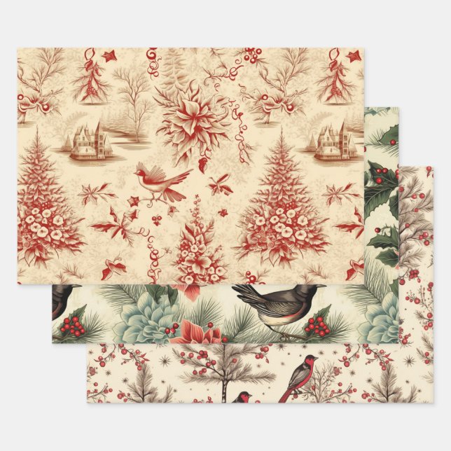 Vintage Rustic Christmas Wrapping Paper Birds  (Set)