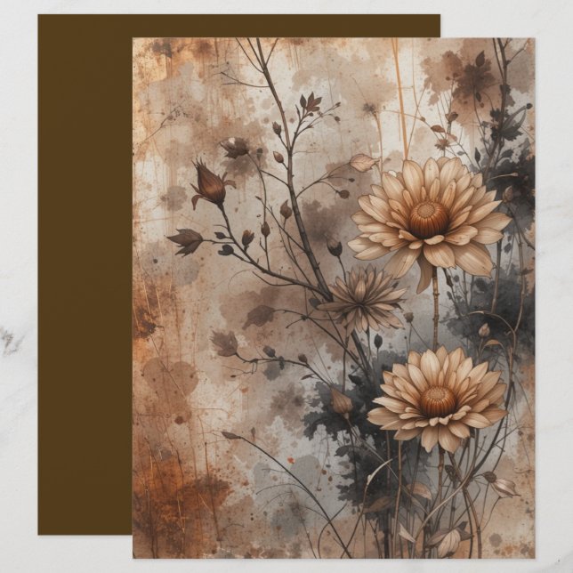 Vintage Rustic Copper Aged Floral Scrapbook Paper (Front/Back)