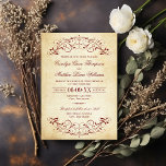 Vintage Rustic Dark Red Flourish Parchment Wedding Invitation<br><div class="desc">Decorative swirls and flourishes frame this elegant vintage inspired wedding invitation design. Rustic antique textured background look with dark red / garnet design. Personalize the custom text for your marriage ceremony and reception.</div>